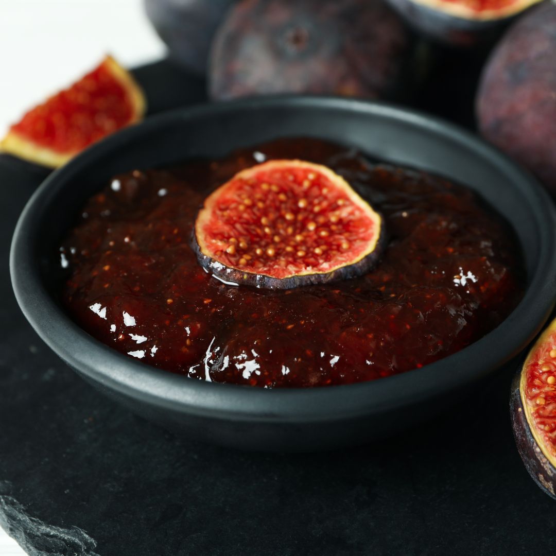 Fig jam in black bowl