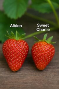 Side-by-side close-up photo of Albion and Sweet Charlie strawberries