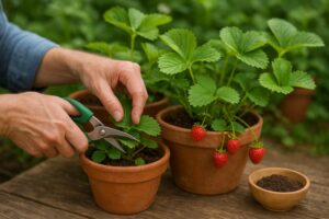 “Gardener trimming strawberry leaves and adding organic fertilizer to potted plants.”